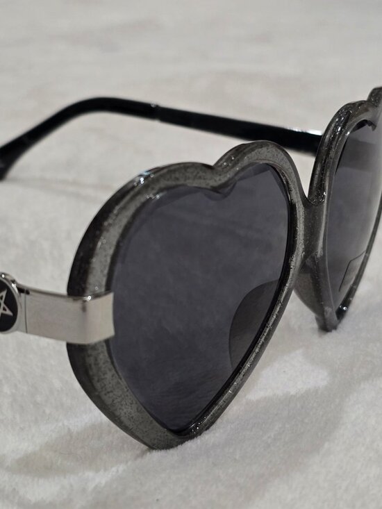 Killstar ✦ Disco Enfer Sunglasses ✦ Black Glitter Heart Frame w/ Pentagram Arms